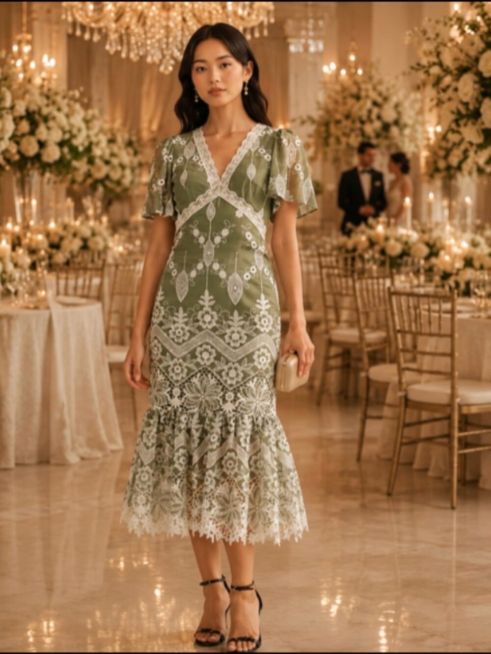 NWT Just Me Olive Green & White Embroidery & Lace Tea Length Dress‎